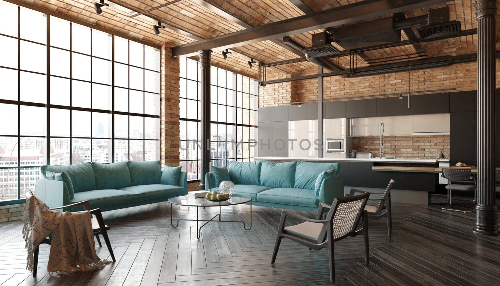 A modern loft living room with a couch, a kitchen. The room has a minimalist and clean design, with a focus on functionality and comfort. 3d render