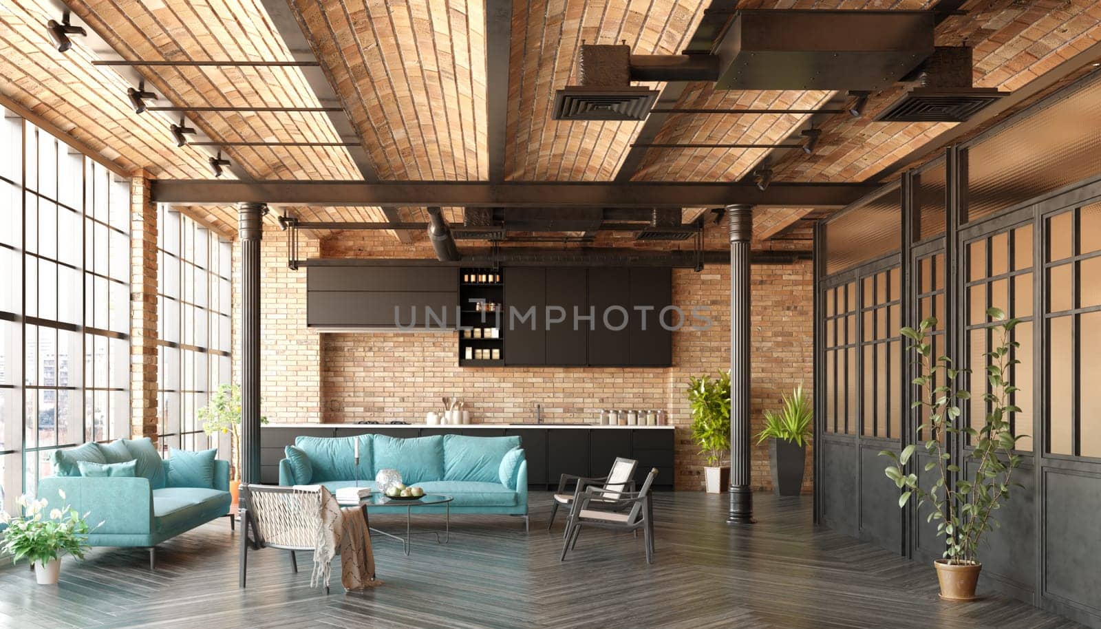 A modern loft living room with a couch, a kitchen. The room has a minimalist and clean design, with a focus on functionality and comfort. 3d render