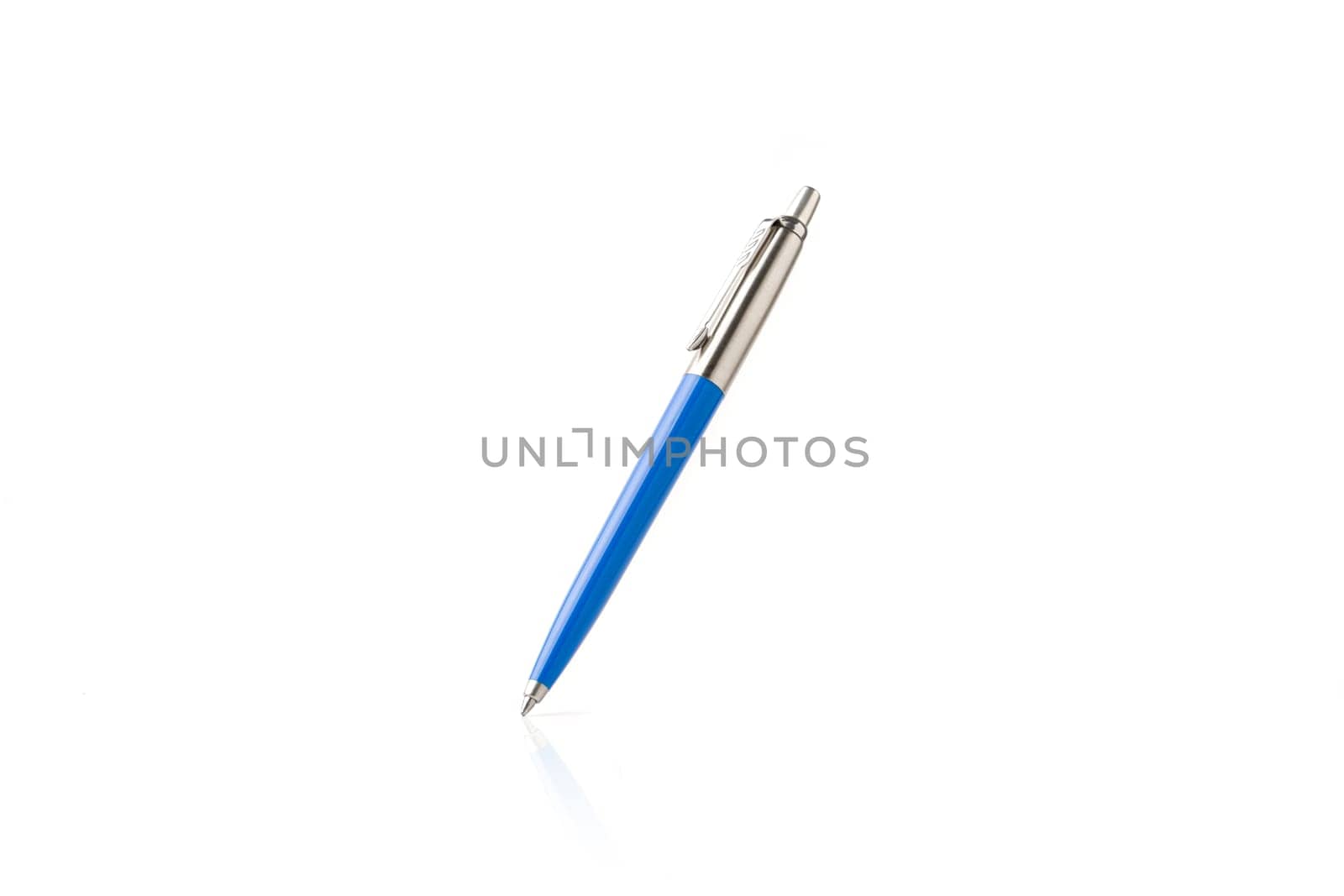 Blue plastic and metal ballpoint pen on white isolated background