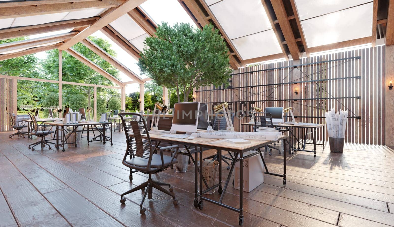 A large open office space with wooden floors . The space is filled with desks and chairs, and there are several potted plants scattered throughout the room