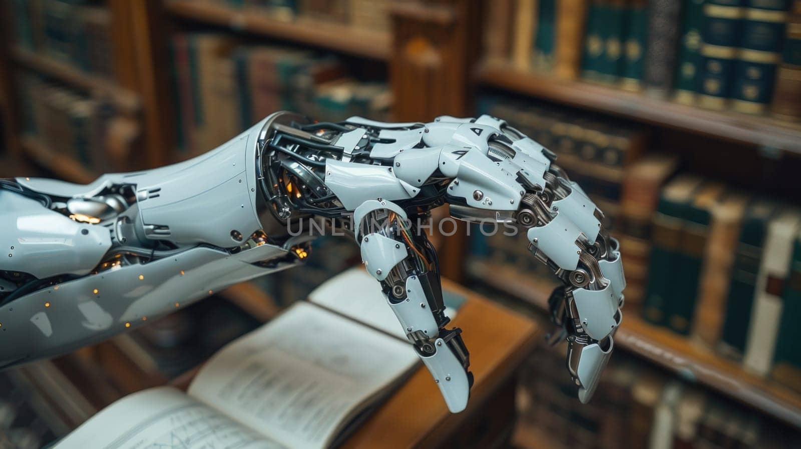 Robotic Hand Holding Book in Library by but_photo