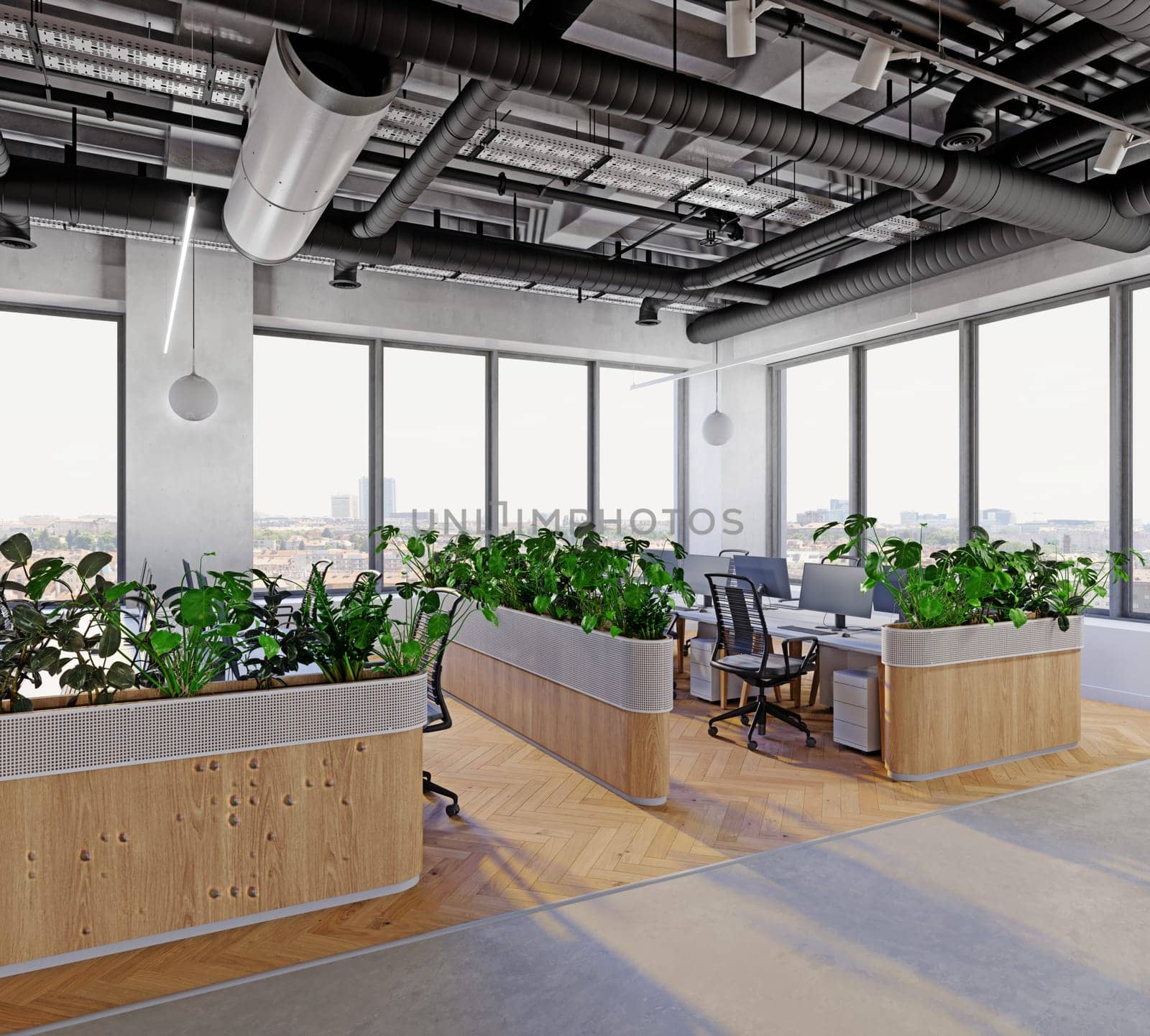 modern office interior with plants. 3d rendering