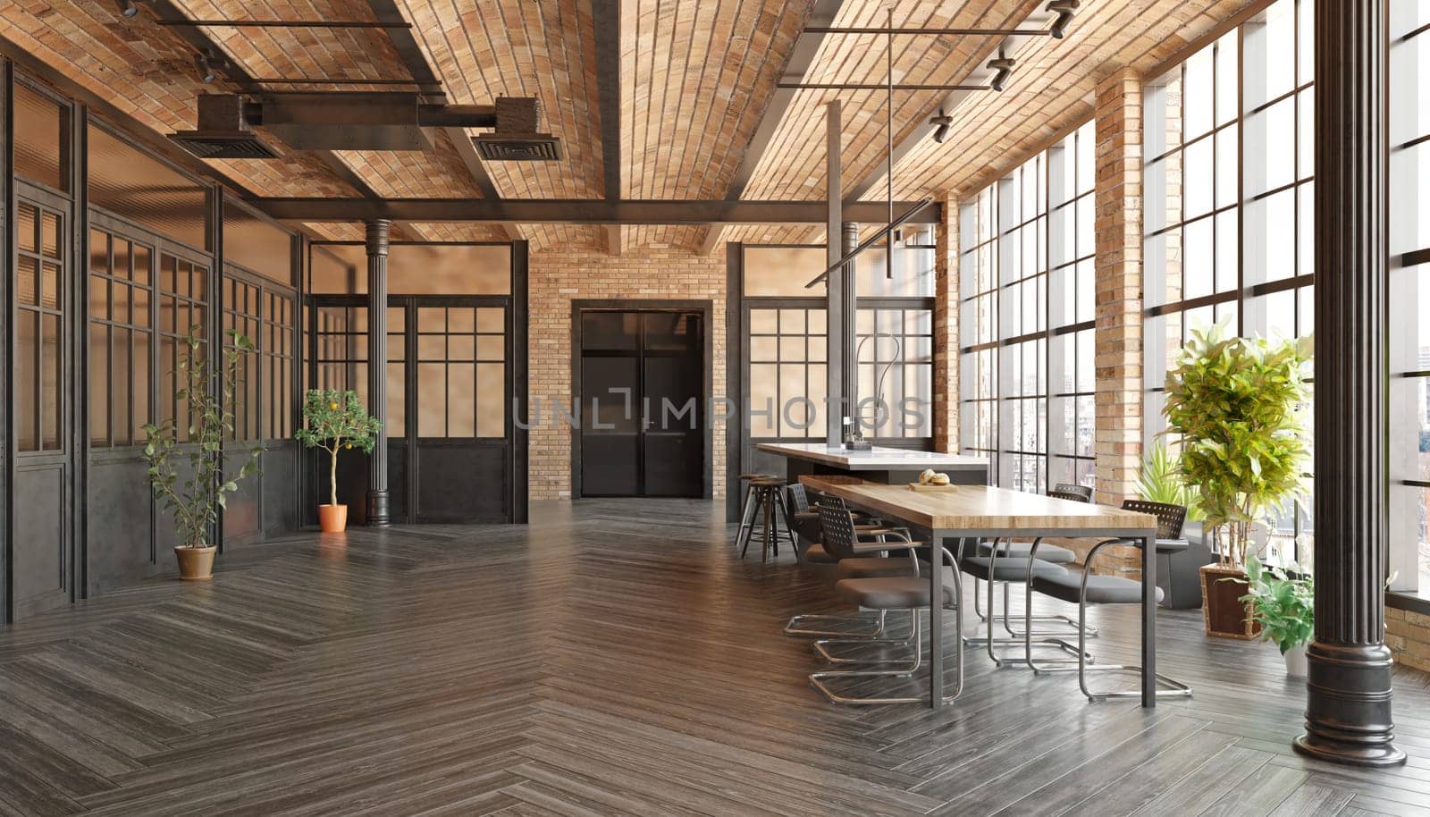 A large open room with a wooden table and chairs. The room has a modern and spacious feel. 3d rendering