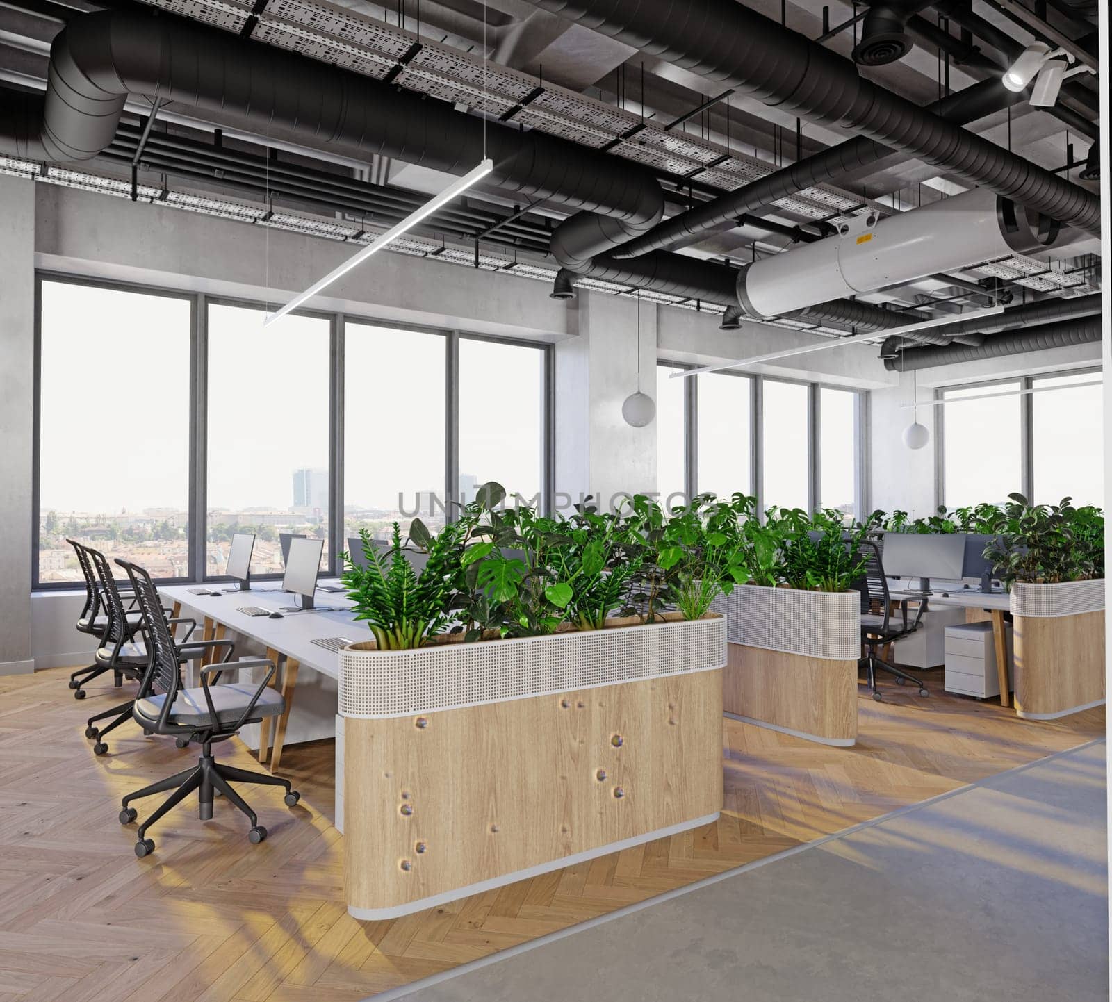 modern office interior with plants. 3d rendering