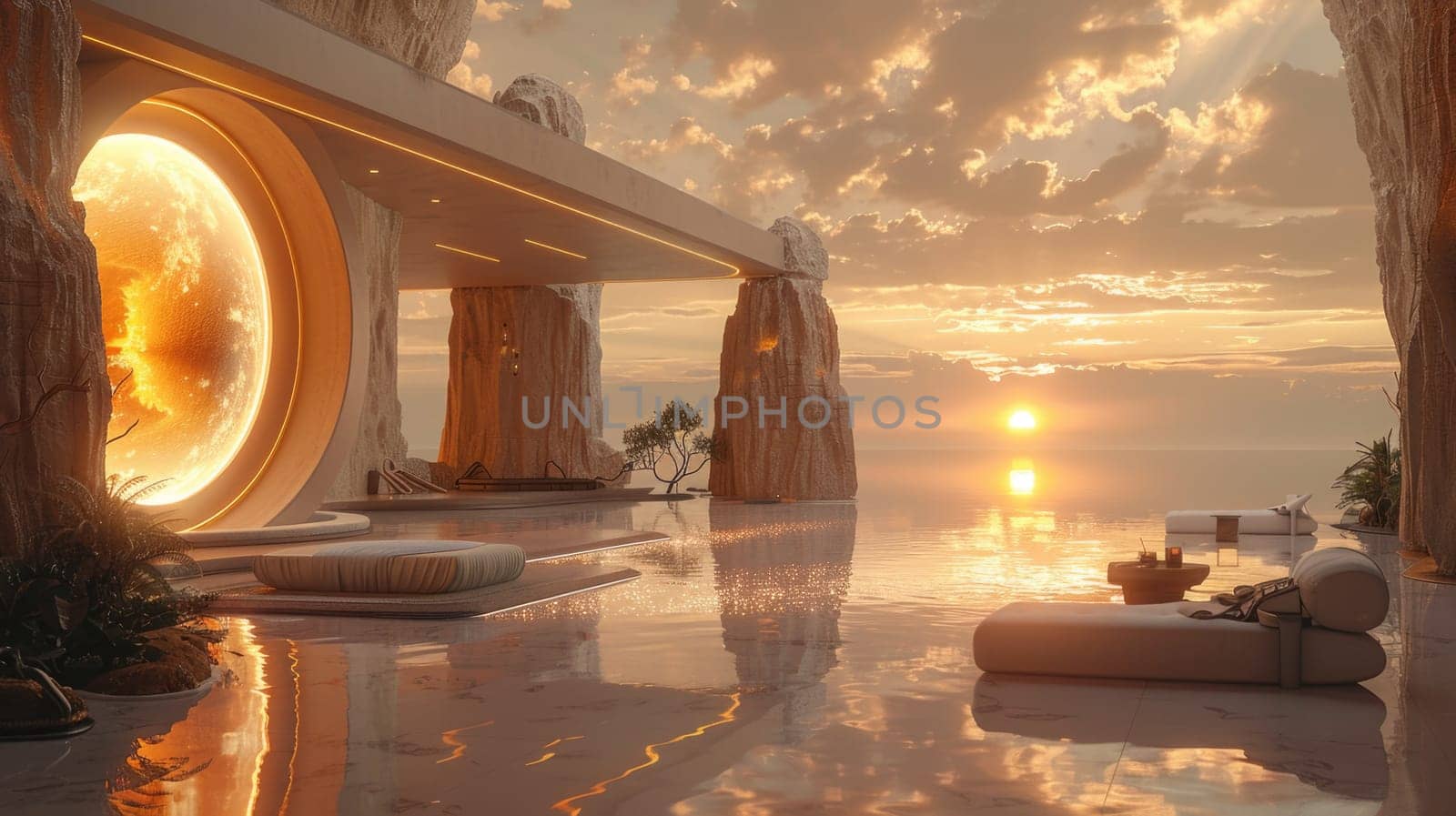 Virtual reality glasses displaying a room overlooking the ocean during sunset.