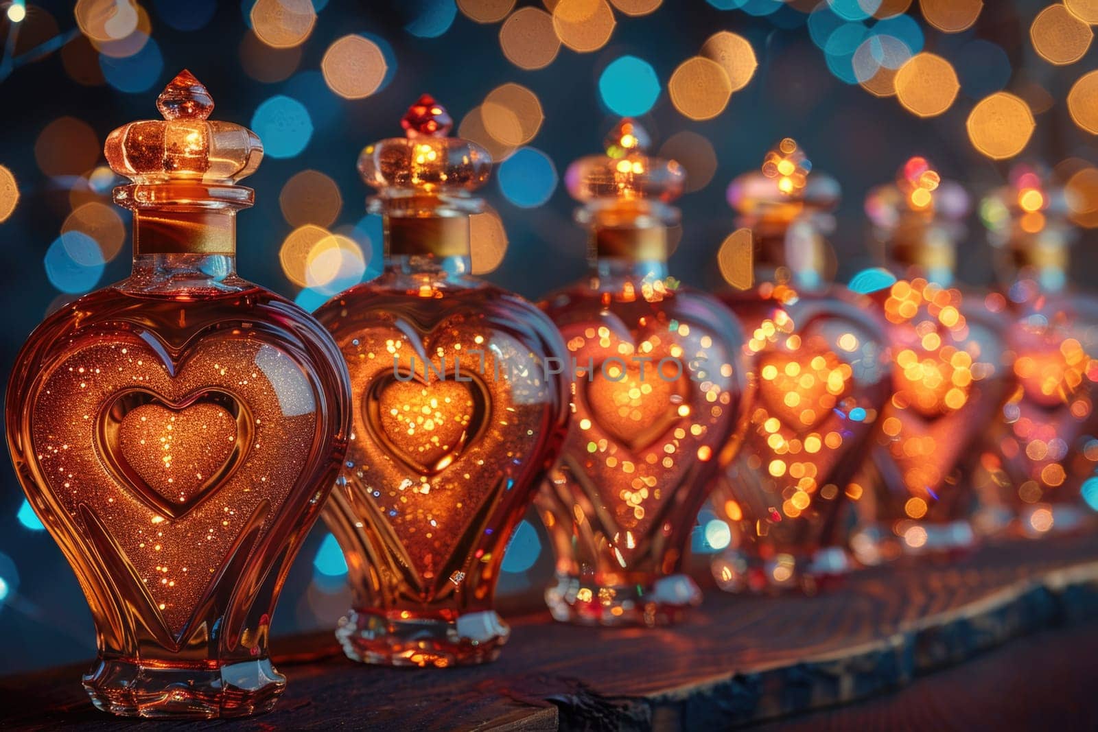 A collection of perfume bottles lined up, each decorated with heart-shaped designs, giving off a magical and loving vibe.