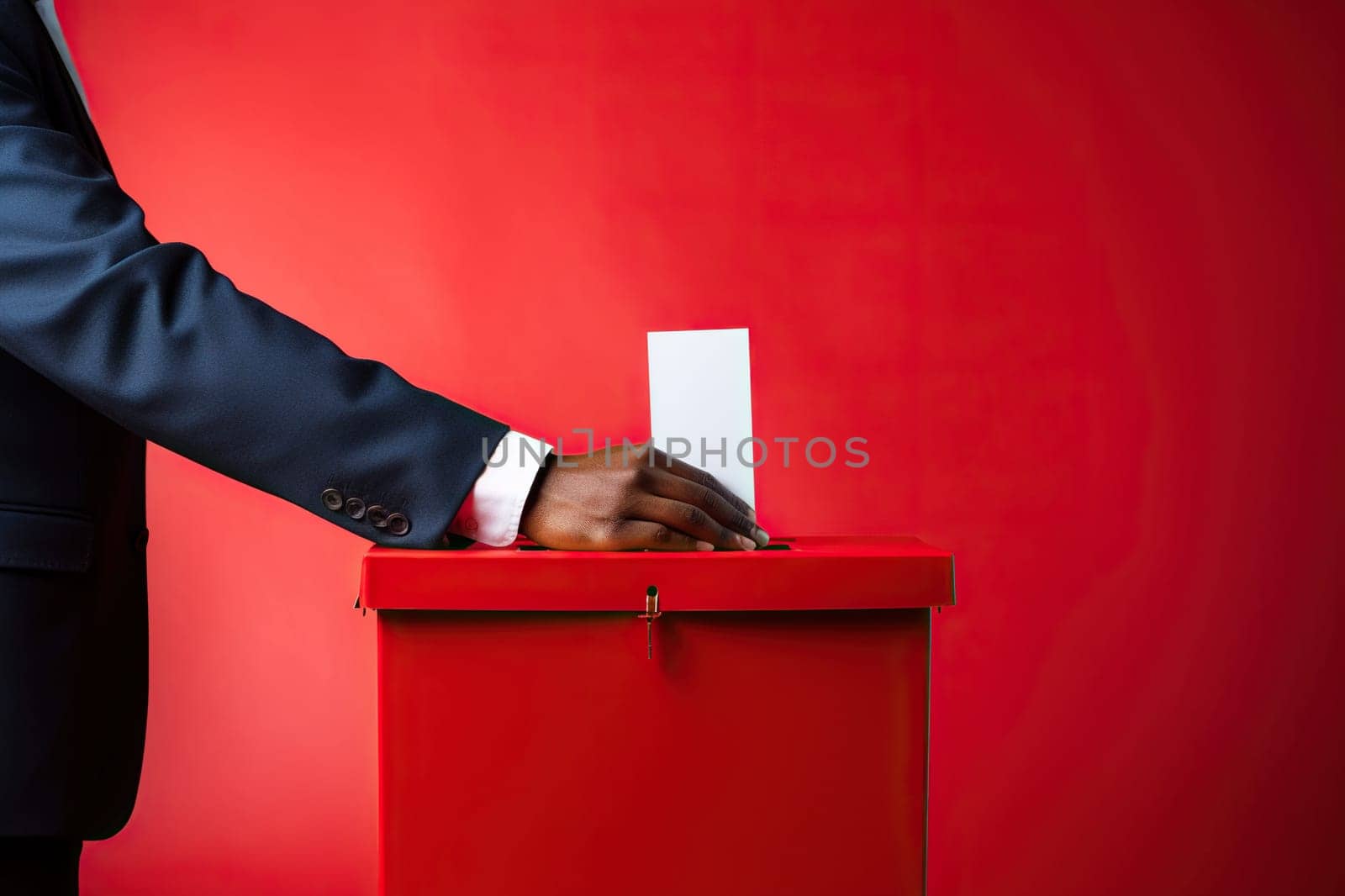 A dark hand throws a voting form into a red box on a red background. Election concept.