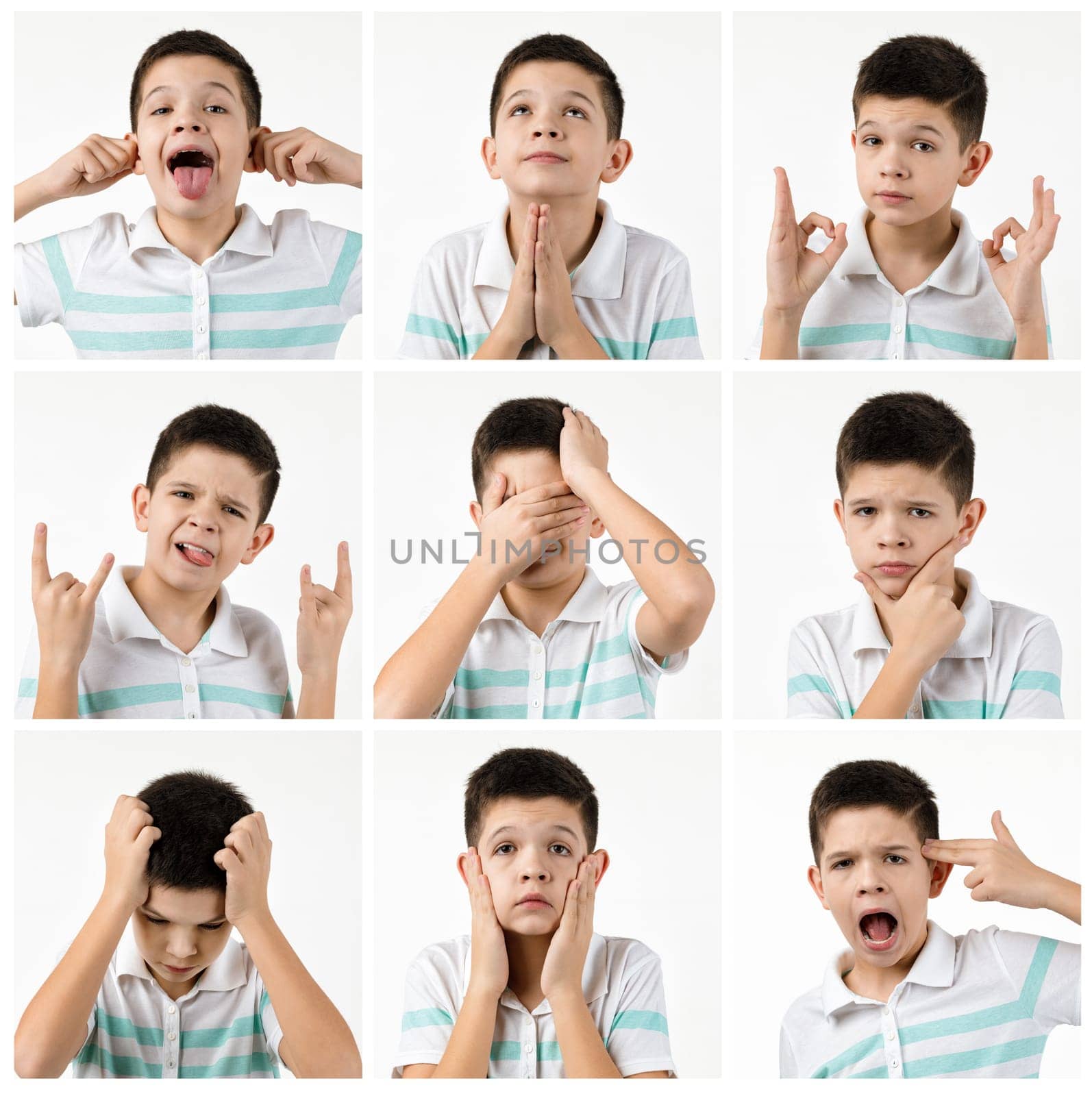 collage of portraits of little boy with different happy, sad and angry emotions on white background