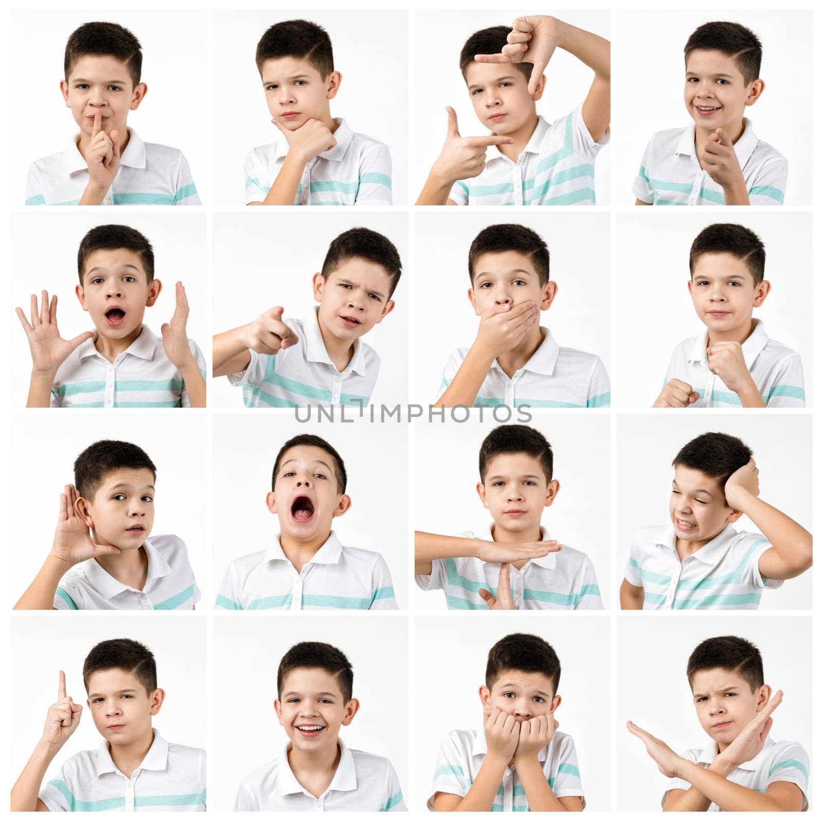 collage of portraits of little boy with different happy, sad and angry emotions on white background