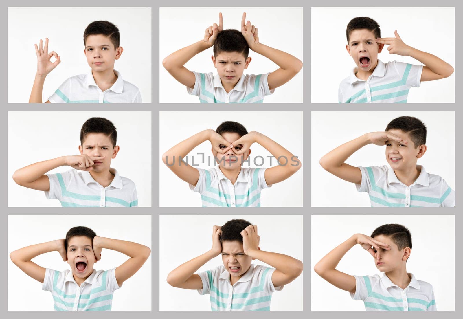 collage of portraits of little boy with different happy, sad and angry emotions on white background