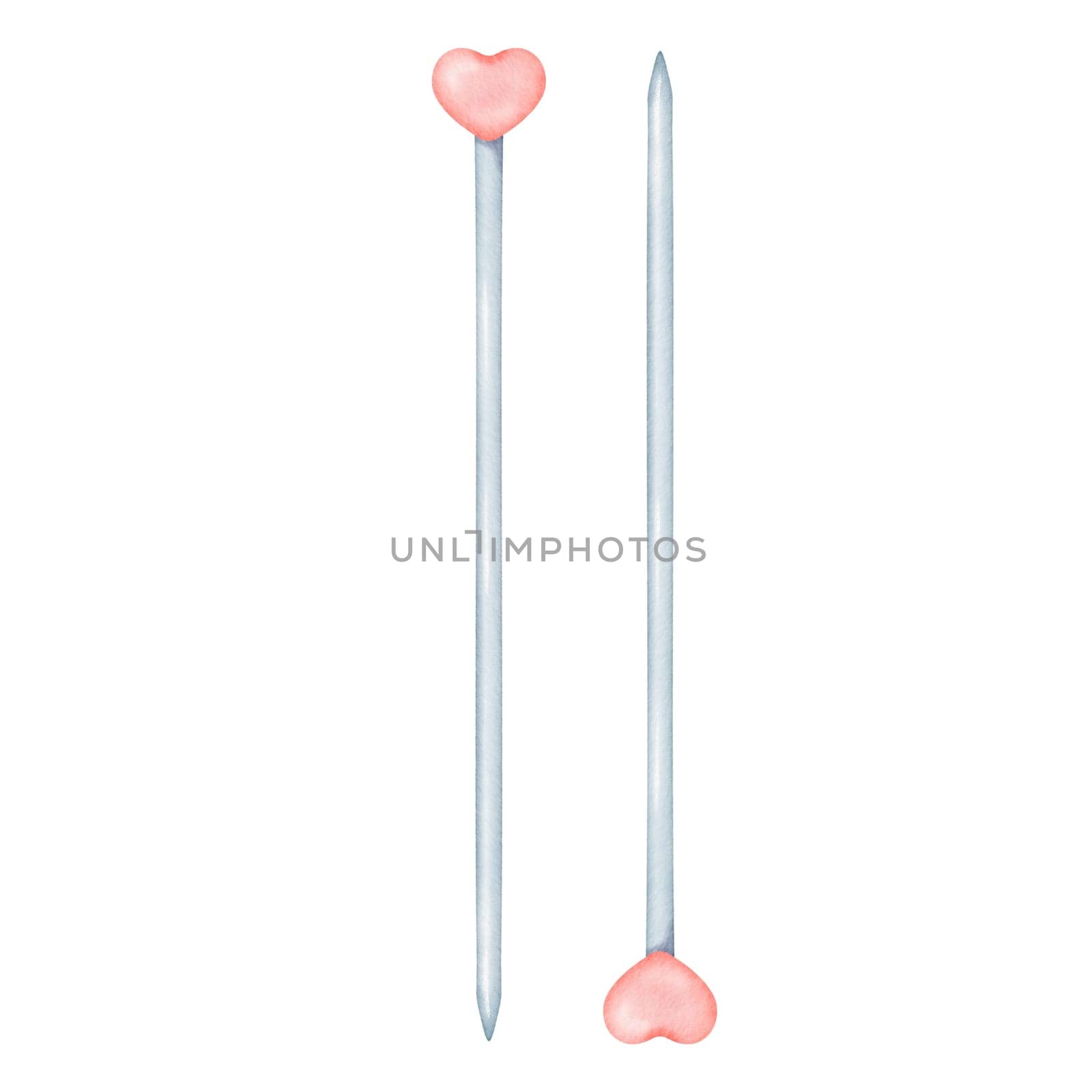 Metal knitting needles enhanced with charming plastic heart-shaped adornments. watercolor illustration. Ideal for crafting tutorials, knitting enthusiasts' blogs, or DIY-themed designs.