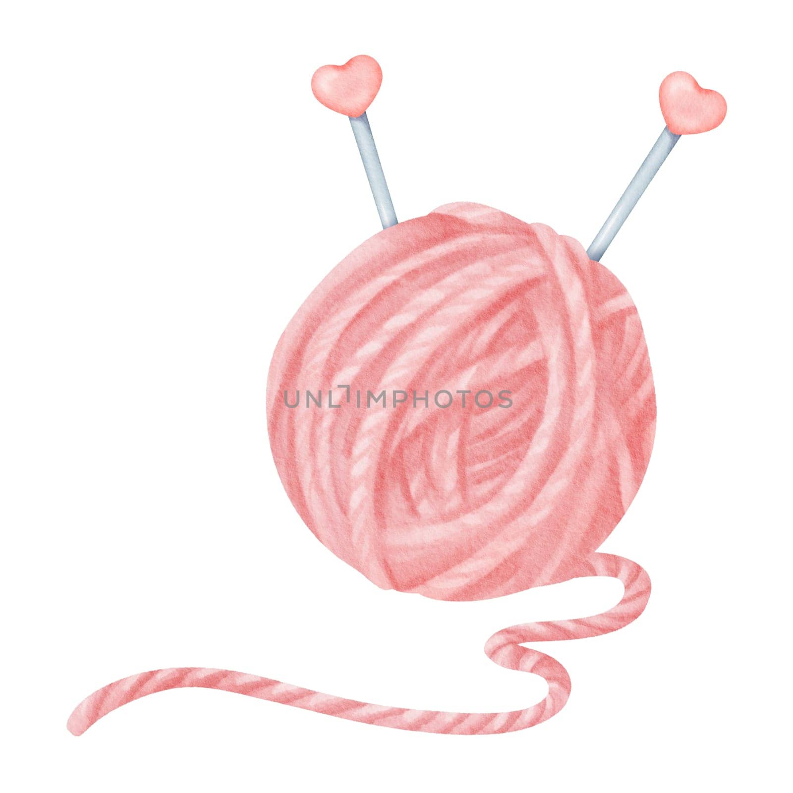 An isolated watercolor illustration featuring a pink yarn spool. Embedded in the spool are knitting needles, adorned with plastic pink hearts. Comprised of wool and cotton strands by Art_Mari_Ka