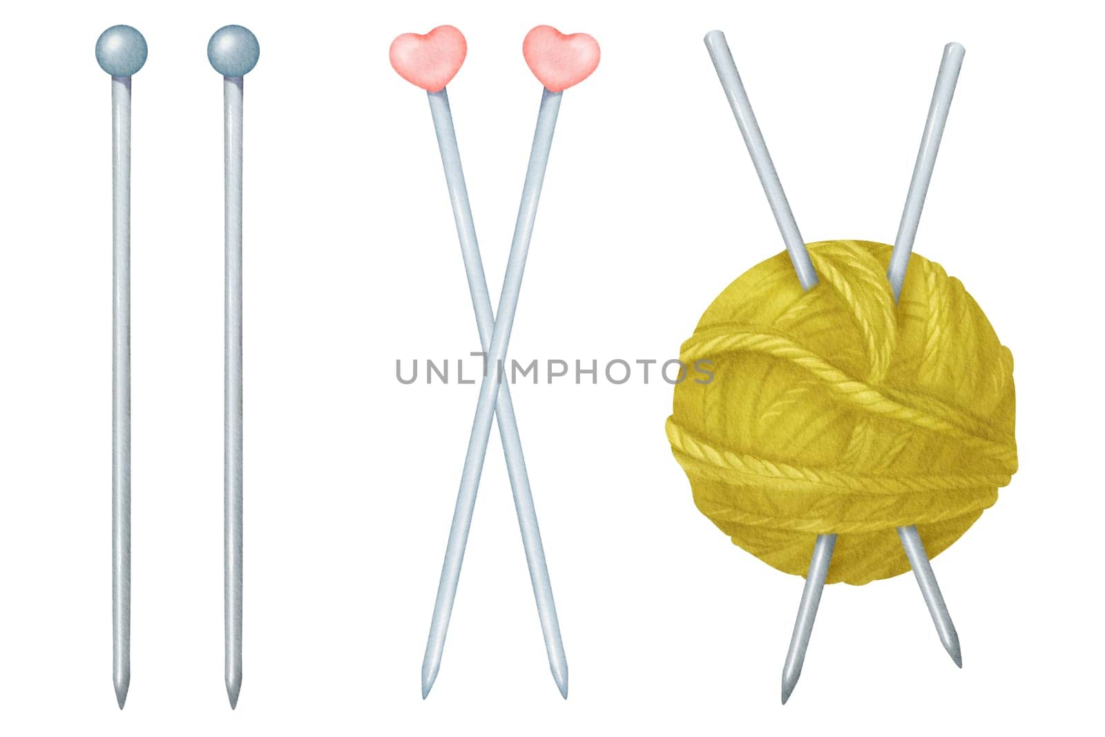 Watercolor set of knitting needles. Isolated objects featuring steel needles with round blue tips, adorned with pink plastic hearts. Crafting tools inserted into a ball of yarn. for needlework shops by Art_Mari_Ka