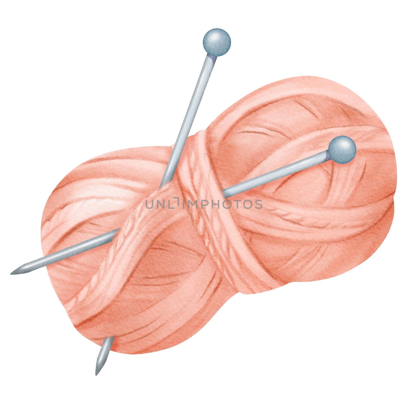 An isolated watercolor illustration featuring a pink yarn spool. Embedded in the spool are steel knitting needles. wool and cotton. for crafting enthusiasts, knitting tutorials, DIY-themed designs. High quality illustration