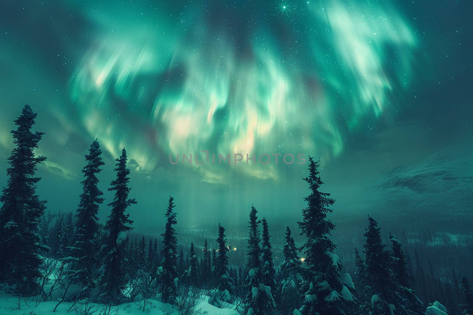 The Aurora Borealis swirling above a silent forest by Benzoix