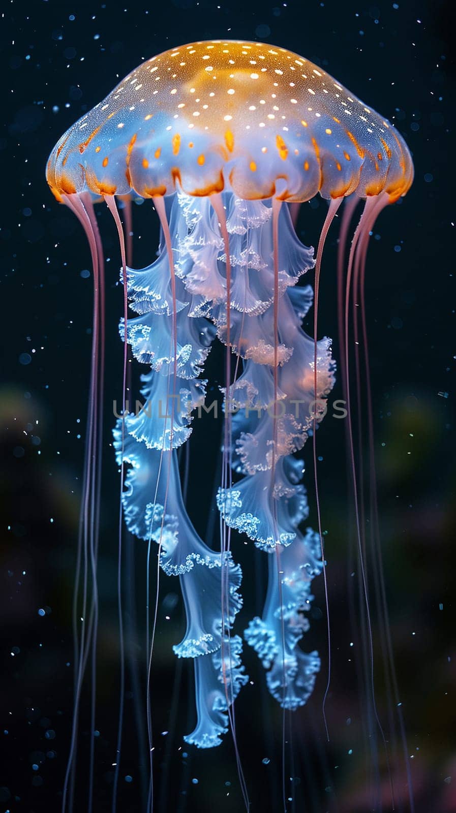 The ghostly glow of a jellyfish deep underwater by Benzoix