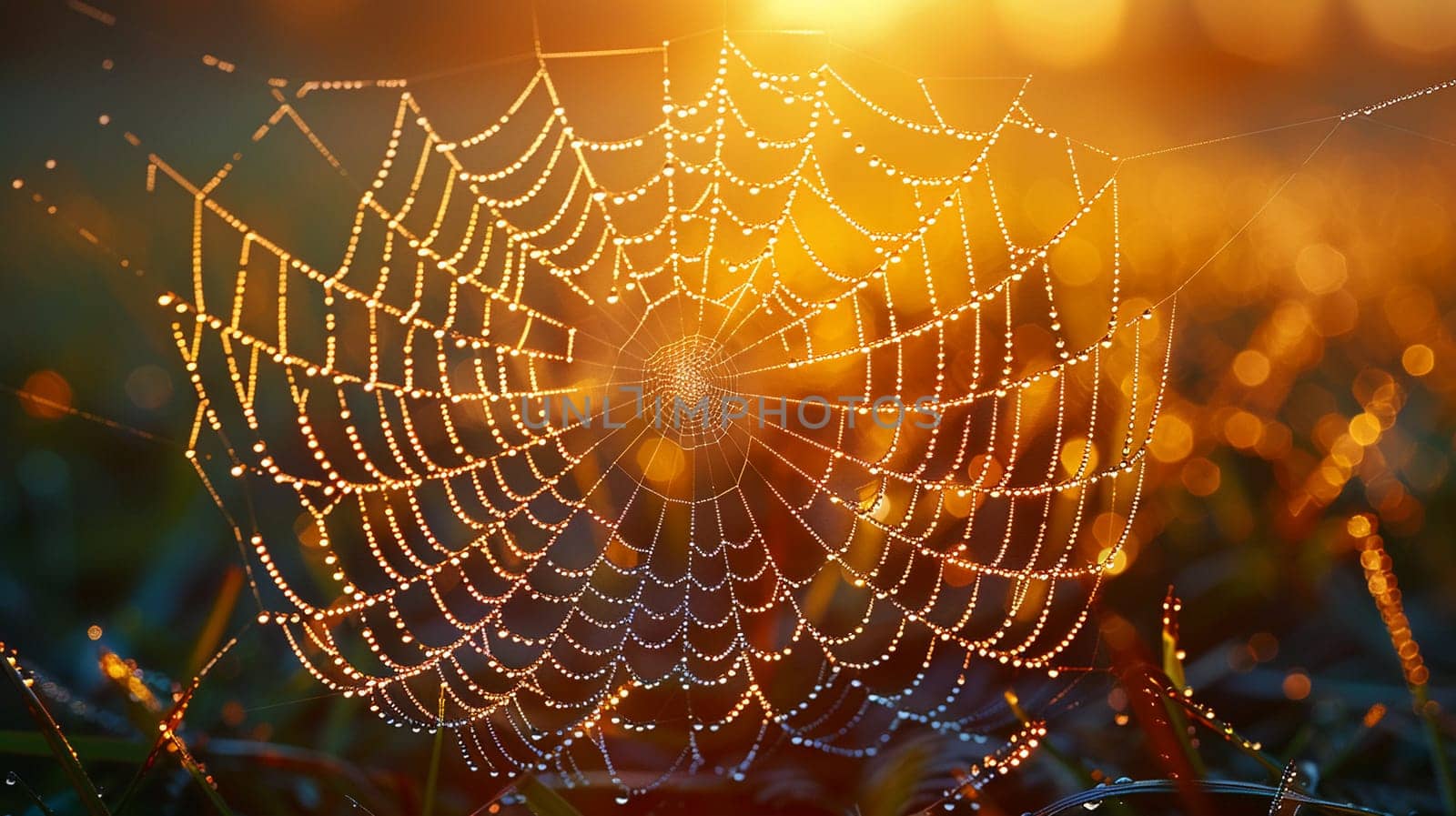 The intricate pattern of a spiders web at dawn by Benzoix