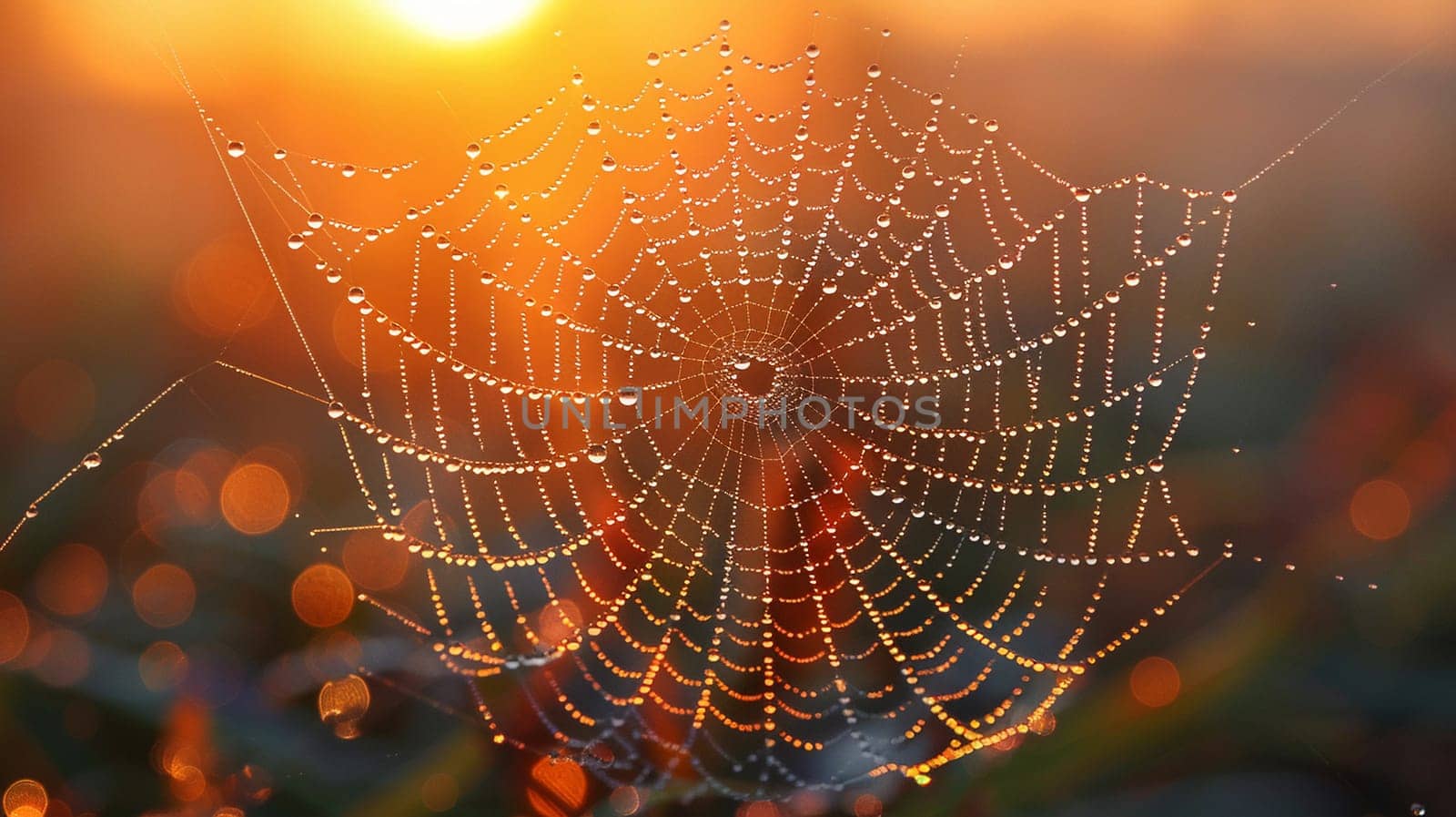 The intricate pattern of a spider's web at dawn, dewdrops sparkling