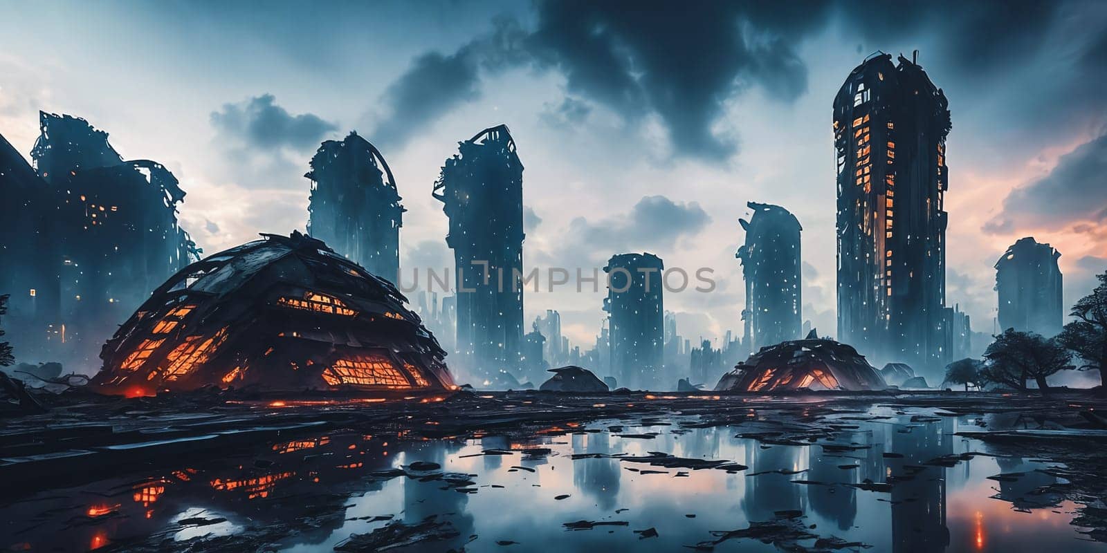 Ruins of a Futuristic Society. Futuristic buildings in ruins, featuring crumbling high-tech architecture, holographic signs flickering, and remnants of advanced technology scattered around.