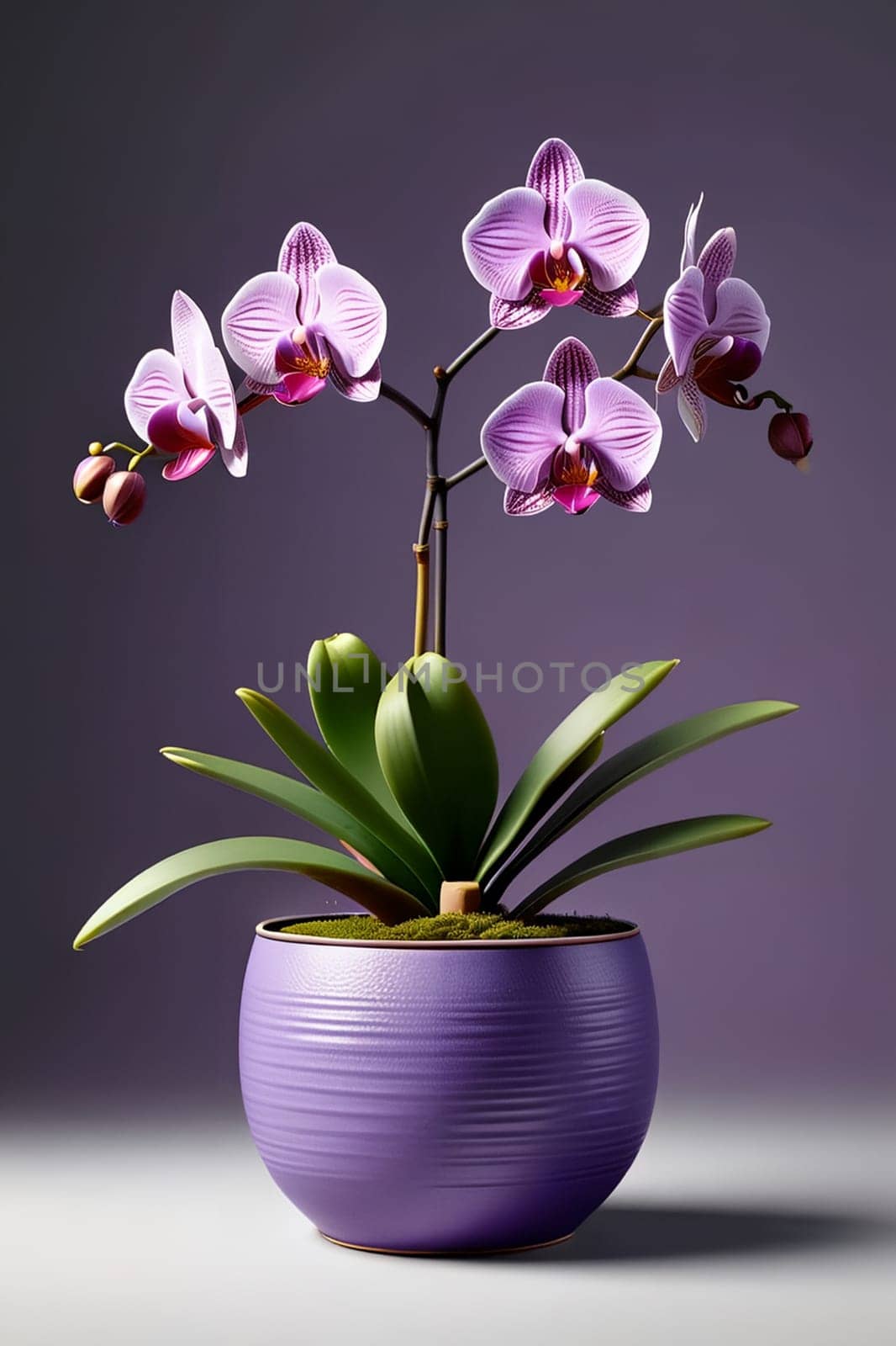 blooming orchid in a pot . AI generated image.