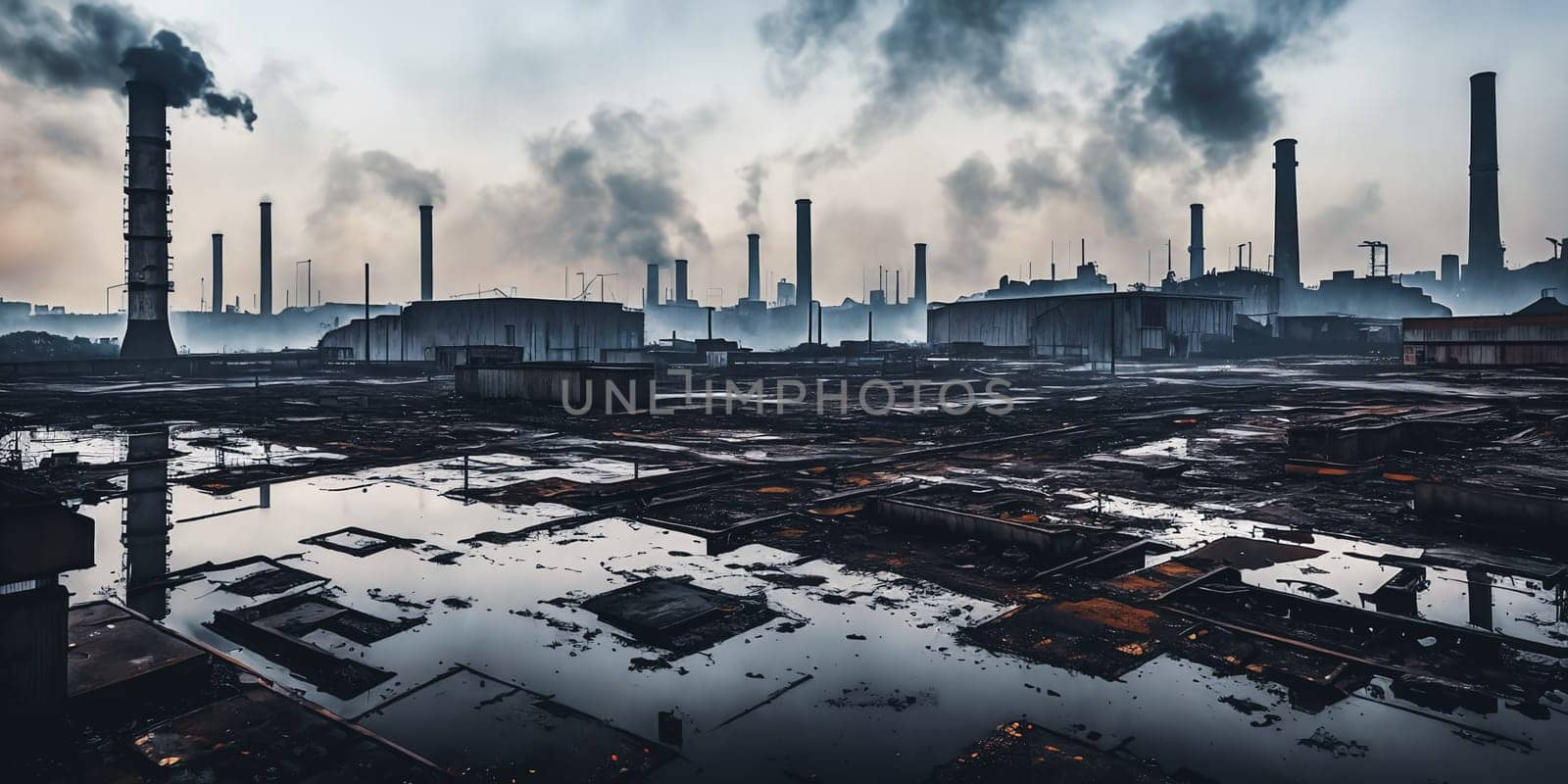 Industrial Decay. Industrial area in decay, with abandoned factories, rusty machinery, and a polluted skyline creating a haunting scene of industrial collapse.