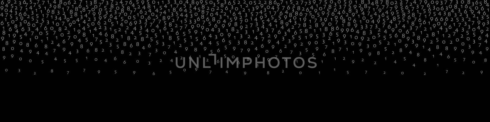 Falling numbers, big data concept. Binary white flying digits. Popular futuristic banner on black background. Digital illustration with falling numbers.