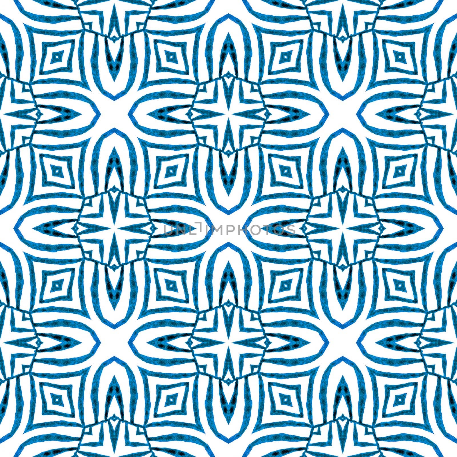 Textile ready unusual print, swimwear fabric, wallpaper, wrapping. Blue optimal boho chic summer design. Watercolor ikat repeating tile border. Ikat repeating swimwear design.