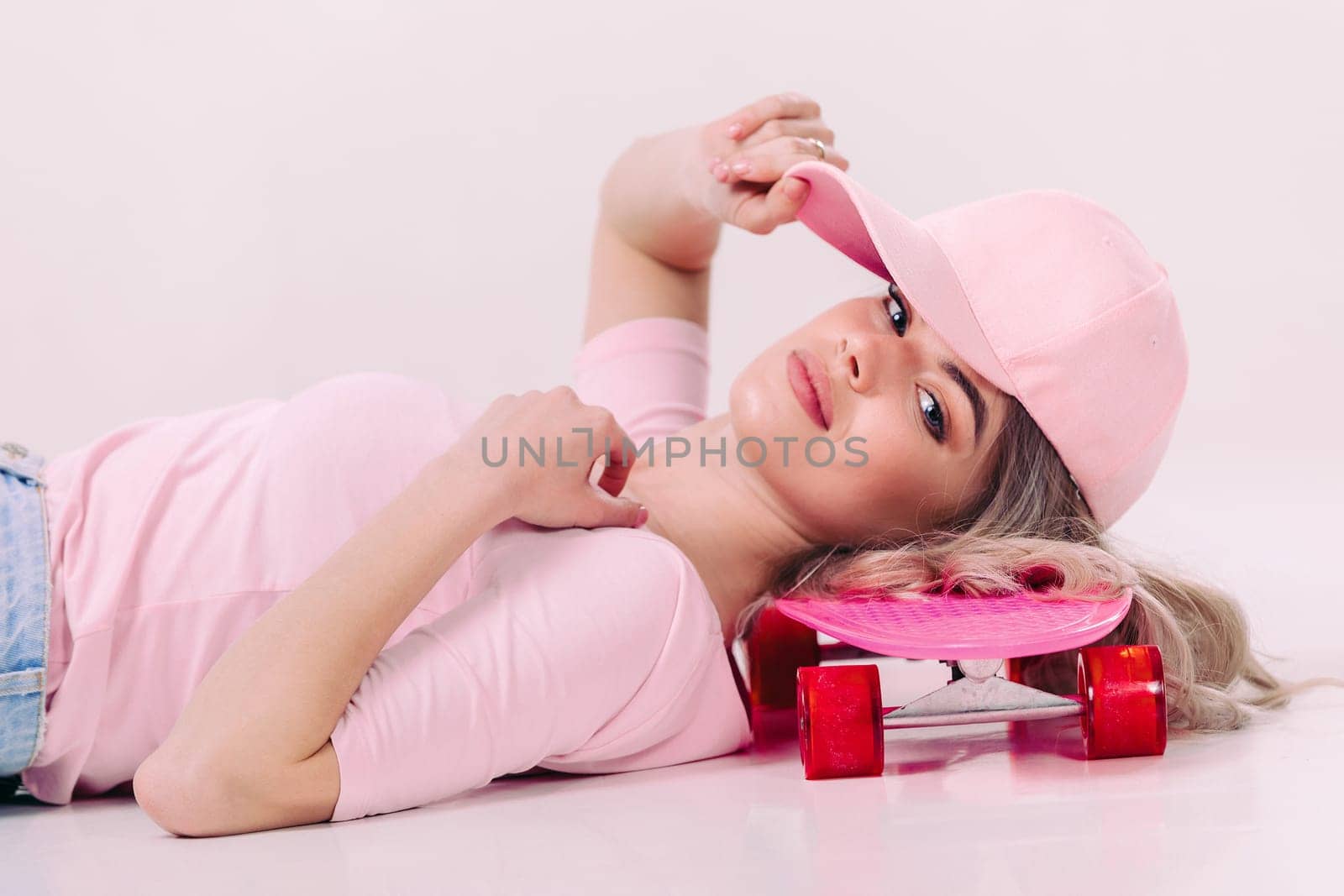 beautiful woman in pink t-shirt and cap lies on pink skateboard. relax and pleasure