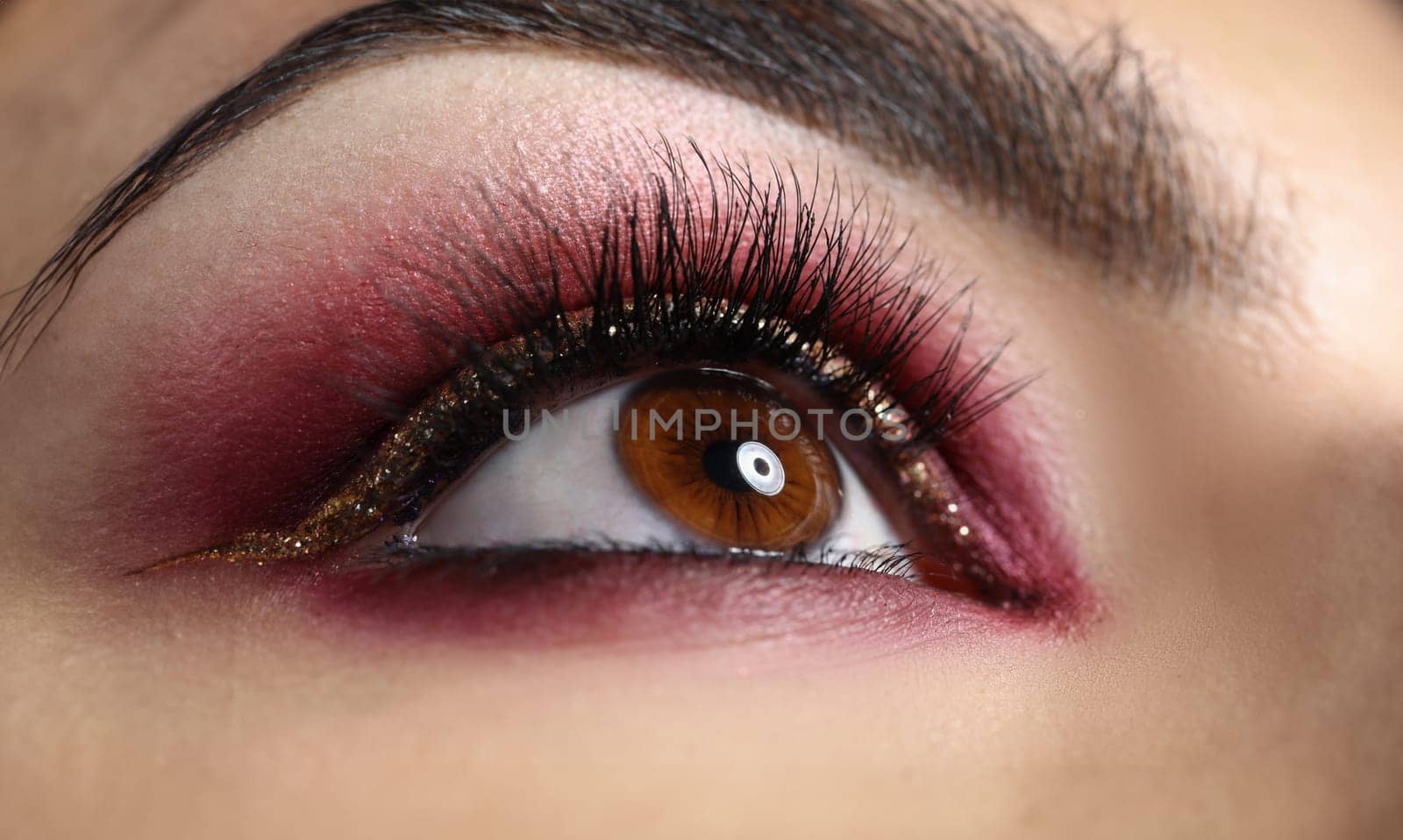 Closeup of beautiful female eye with bright professional makeup. Evening makeup concept
