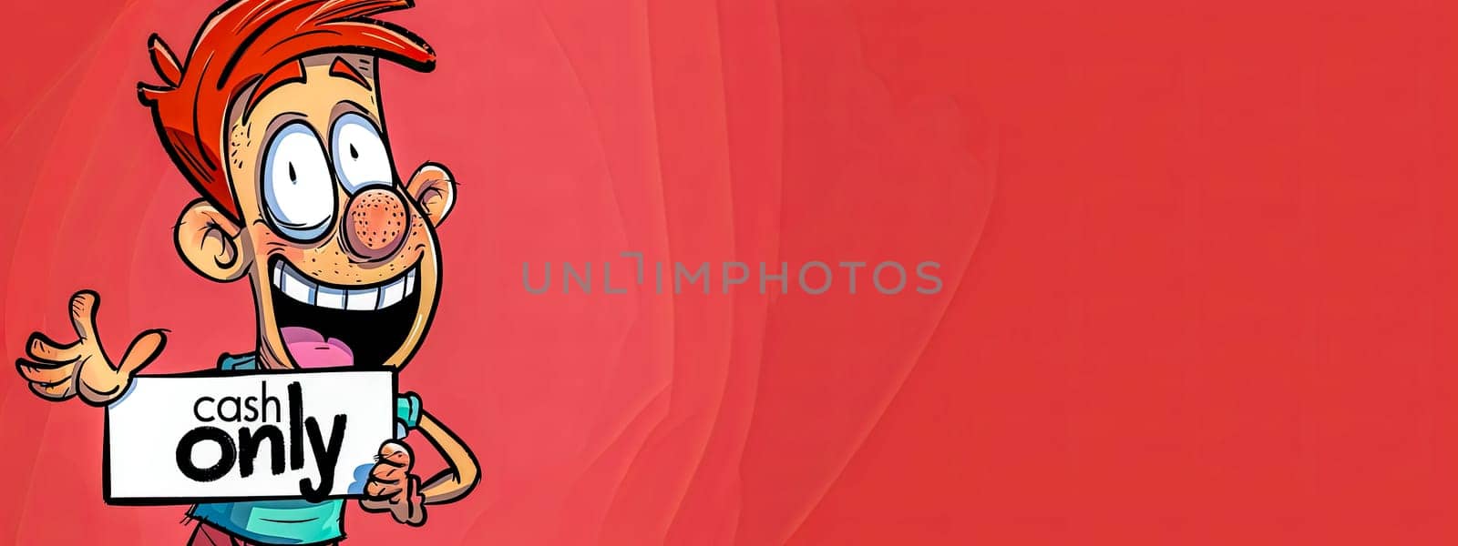 Vibrant cartoon illustration of a smiling character with a 'cash only' sign on a red background