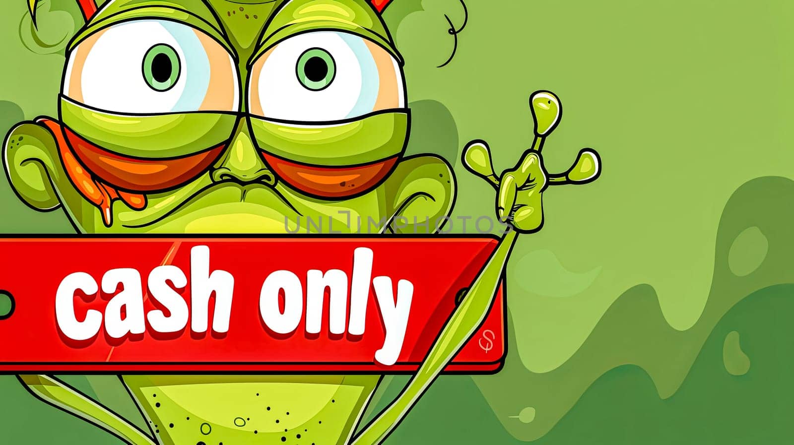 Cartoon frog holding 'cash only' sign illustration by Edophoto