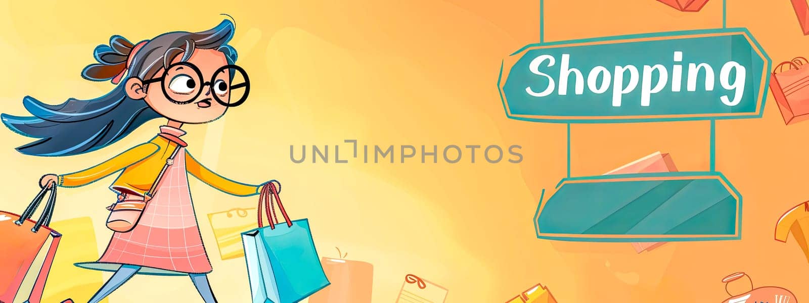 Illustration of a happy young woman laden with shopping bags on a vibrant background