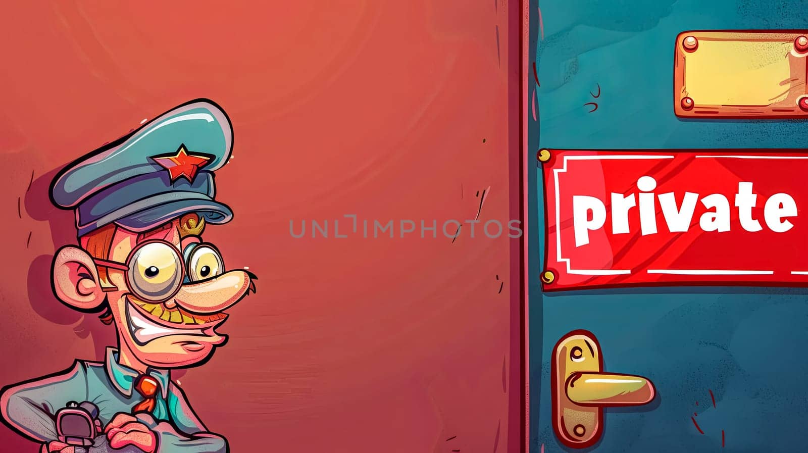 Cartoon security guard by private door sign by Edophoto