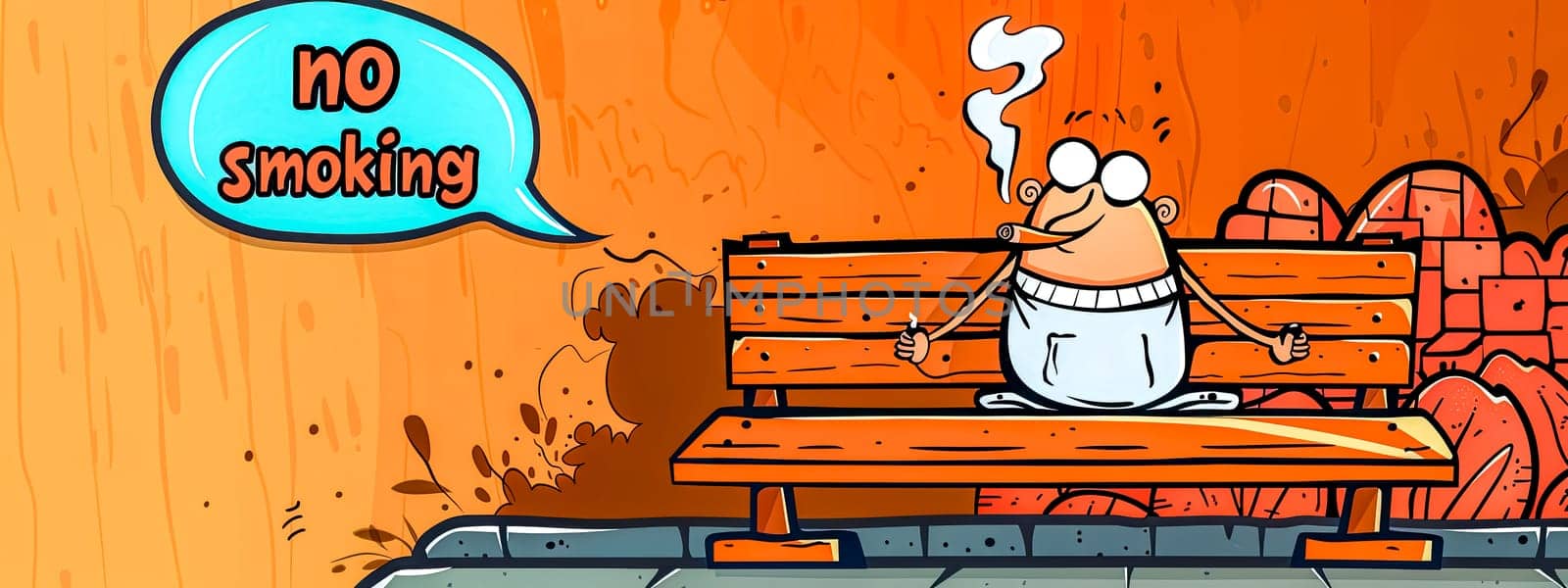 Whimsical illustration of a chef sitting on a bench beside a no smoking pop-art bubble