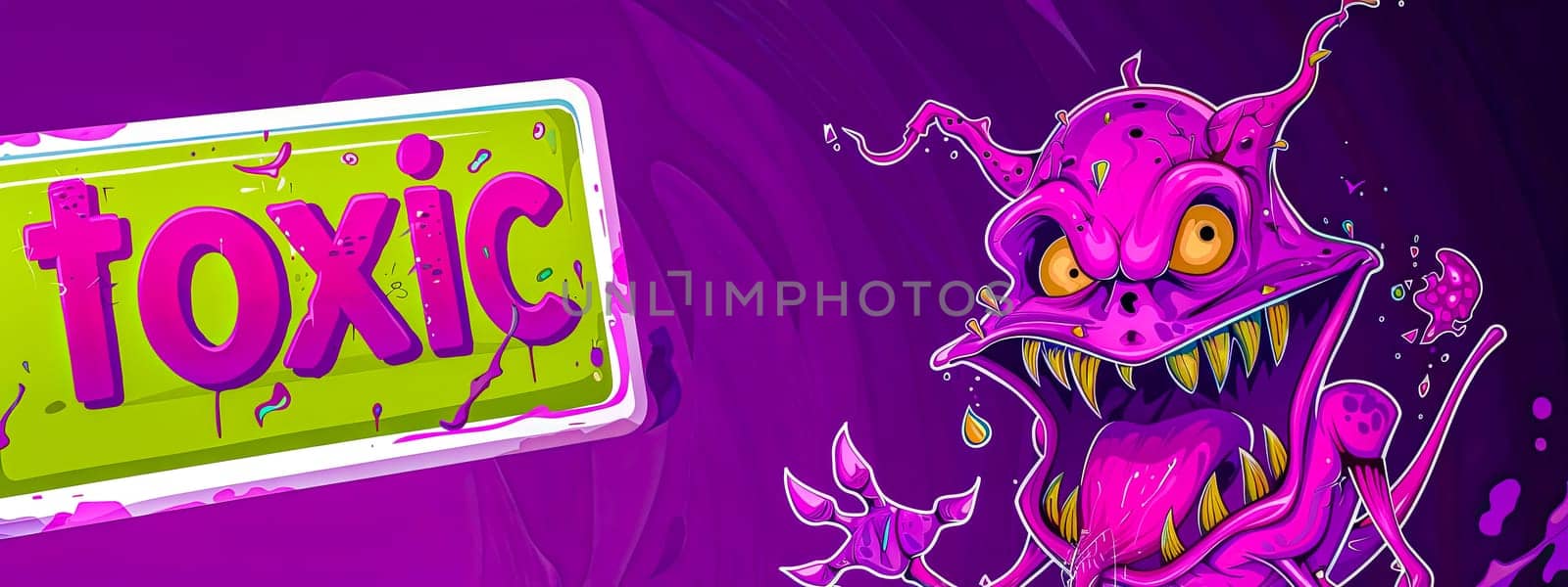Colorful illustration of a cartoon monster with a toxic sign on a purple splash background