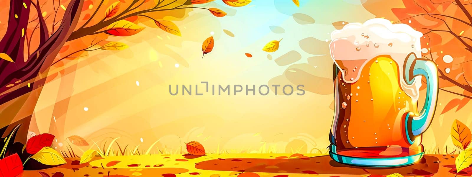 Illustration of a frothy beer mug with colorful autumn leaves background by Edophoto