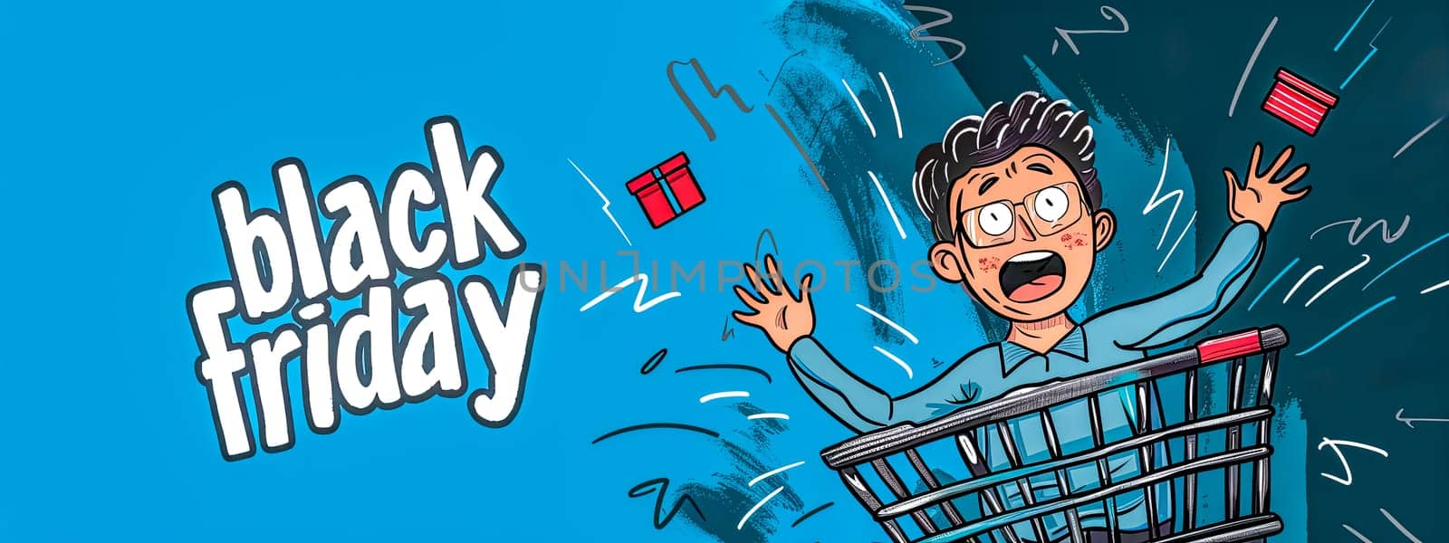 Animated image of a frantic shopper with cart during black friday sale