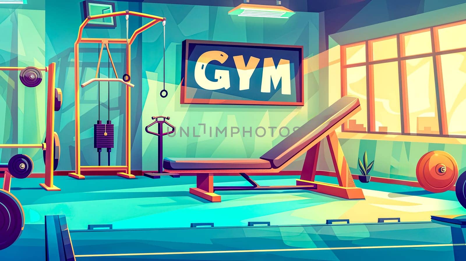 Colorful illustration of an empty, high-tech gym interior with digital screen