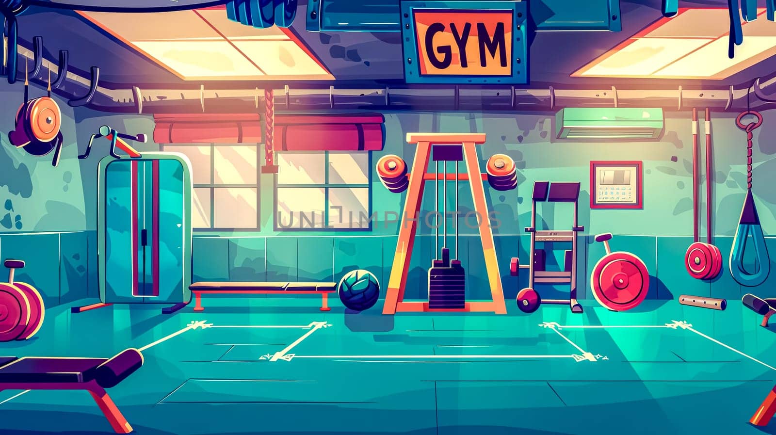 Vibrant illustration of an empty gym with retro design and equipment