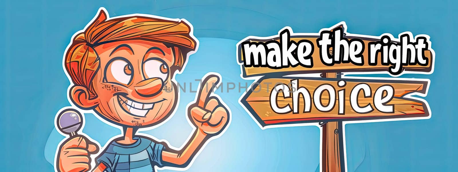 Animated boy points at a signpost with text make the right choice on a blue background
