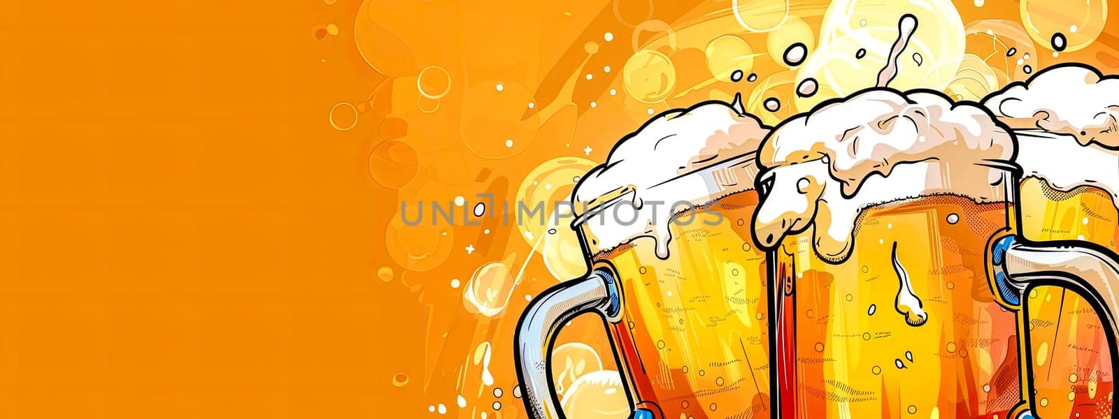 Artistic illustration of clinking beer mugs with a lively orange background