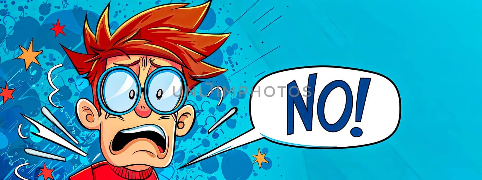 Colorful illustration of a young cartoon boy with a shocked expression and a speech bubble saying no!