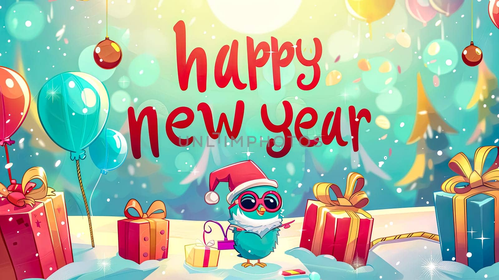 Colorful illustration of cute owl with gifts wishing happy new year