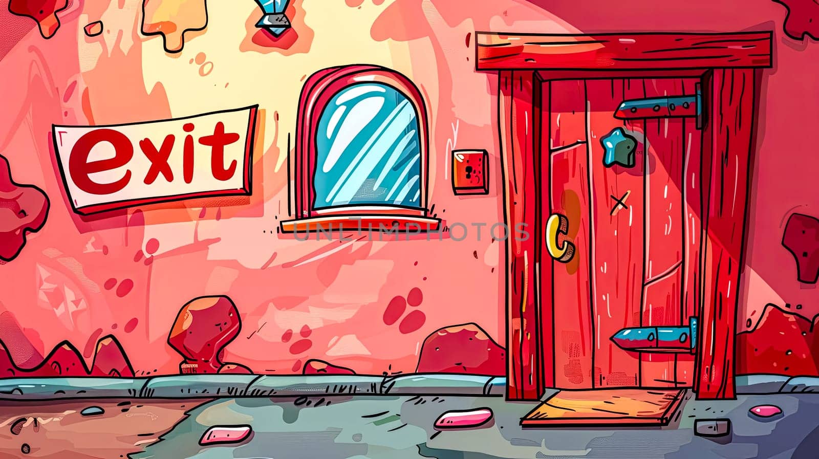 Illustration of a vibrant, cartoonish room with an exit sign above a whimsical door