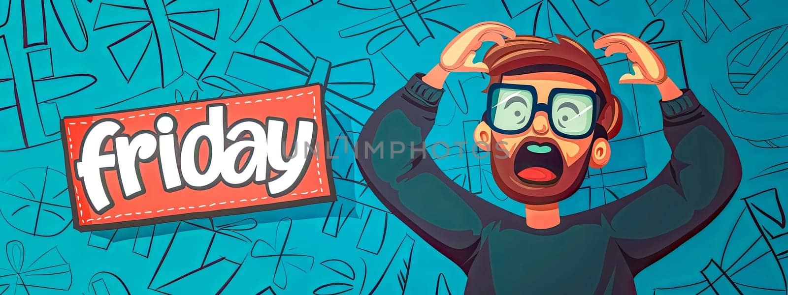 Cheerful cartoon character celebrating with 'friday' sign on a vibrant background