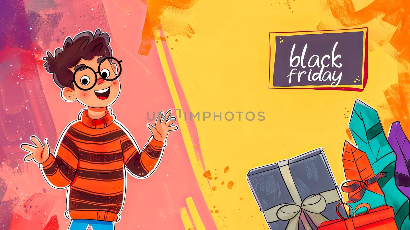 Animated character thrilled by black friday deals, with gifts and colorful background