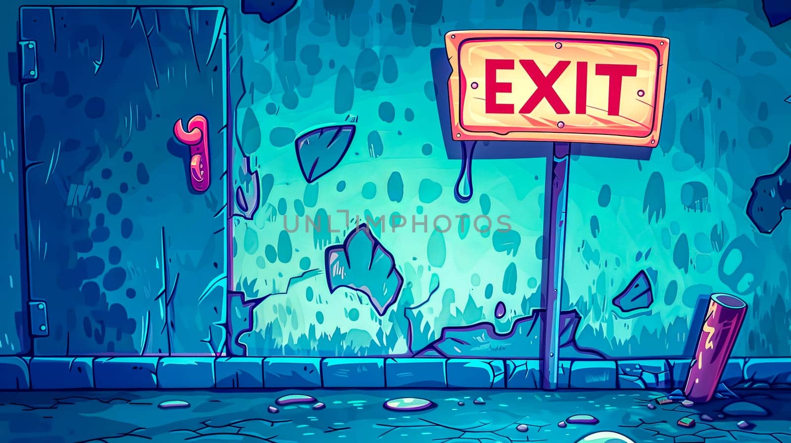 Vibrant, illustrated scene depicting an exit sign in a whimsically eerie alleyway with glowing ambiance