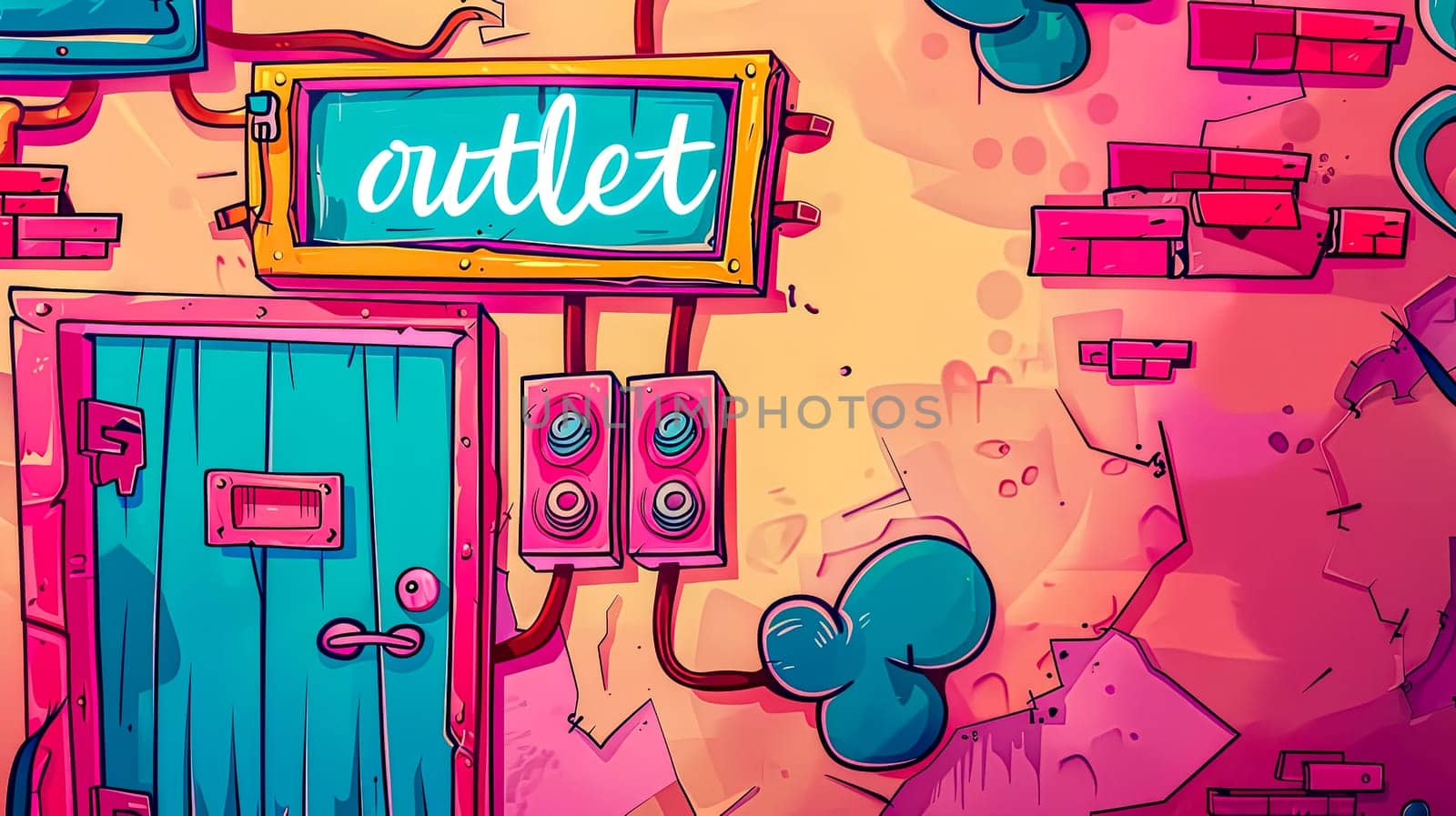 Colorful illustrated scene featuring an electric outlet sign, plugs, and a whimsical mouse hole