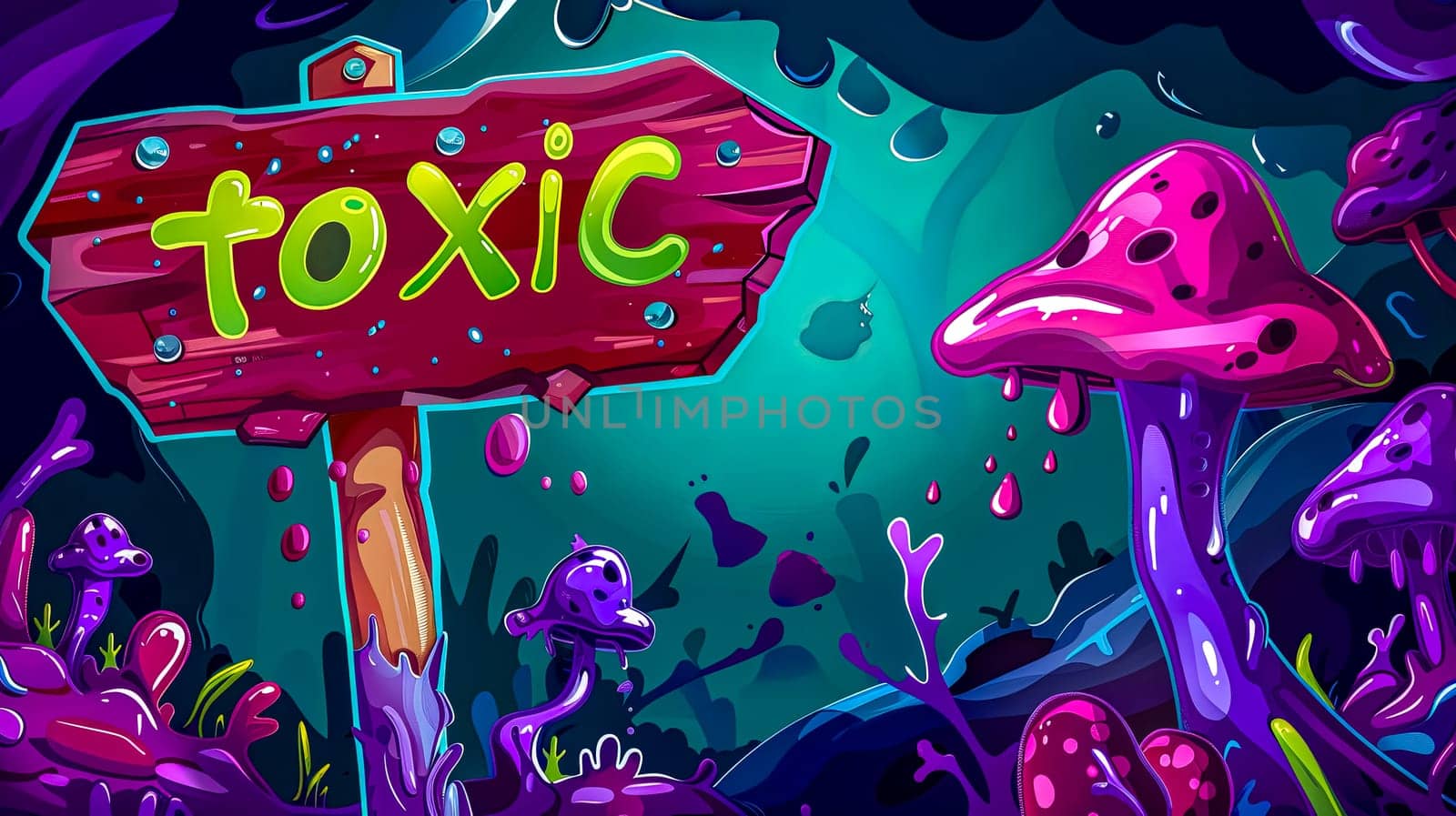 Vibrant illustration of a toxic swamp with whimsical mushrooms and a wooden sign