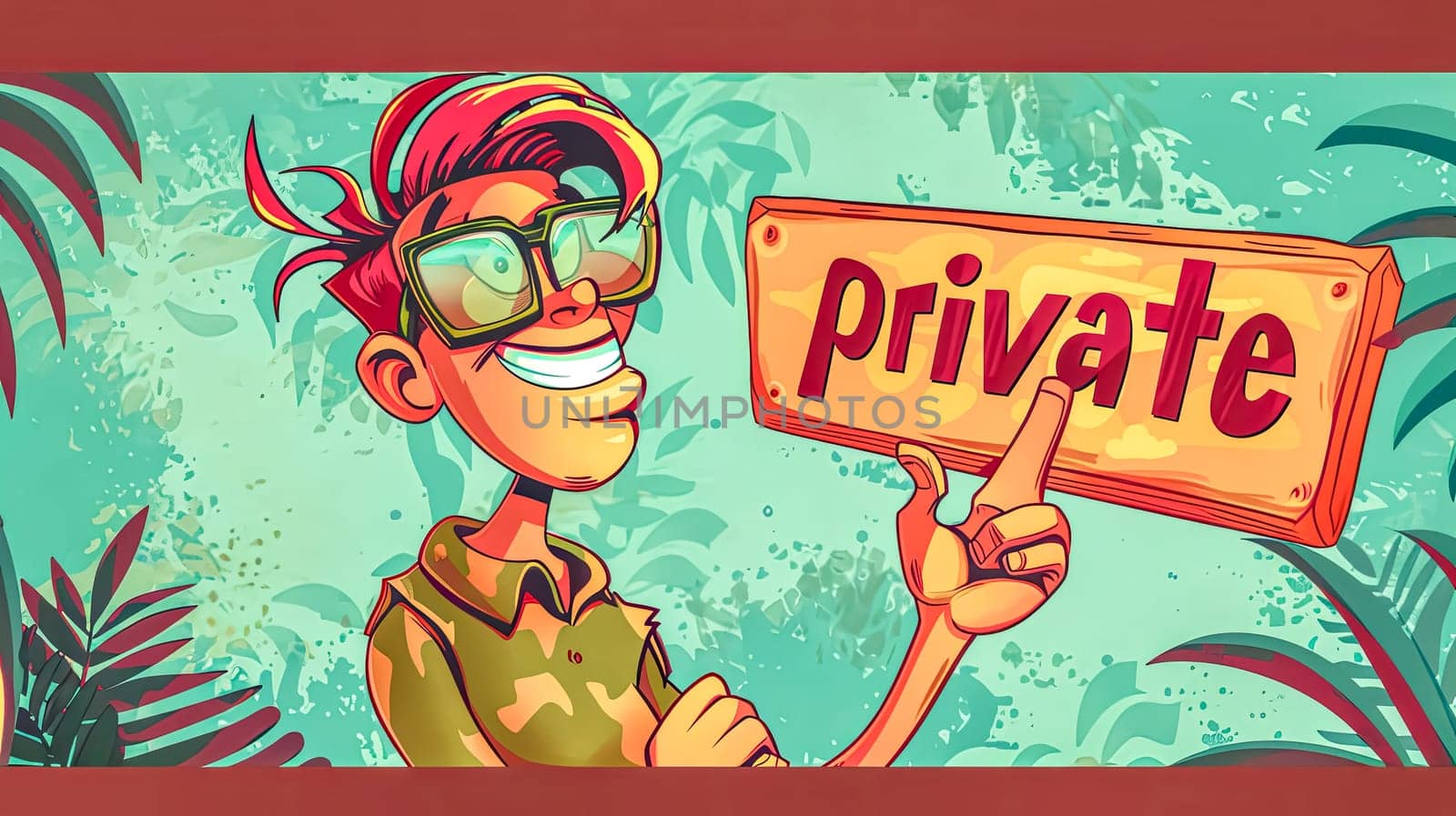 Cheerful cartoon character holding private sign by Edophoto